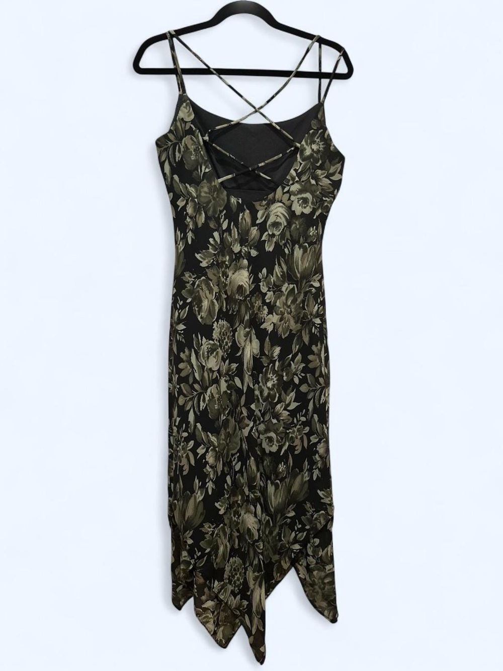 Vintage 90s y2k Black and green floral Alyn Paige midi dress with scarf hem